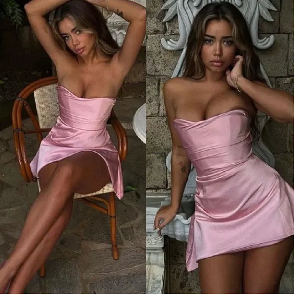 HOUSE OF CB 'Jasmine' Rose Pink Draped Strapless Corset Dress NWOT